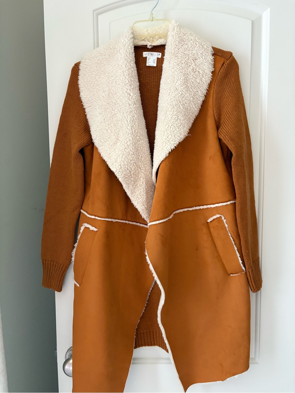 VENUS Tan Sherpa-Trim Open-Front Cardigan